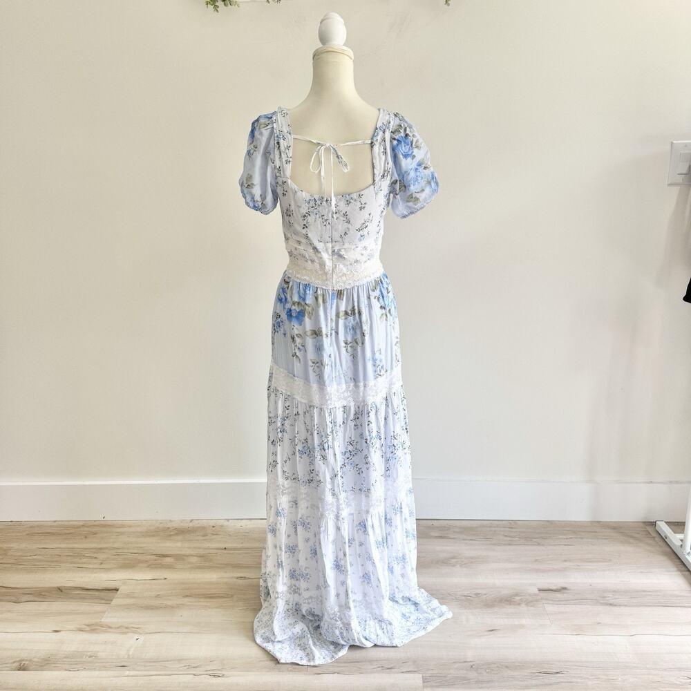 Altard State Cottage Core Blue Floral Lace Tiered Maxi Dresss Small AM - Picture 3 of 4
